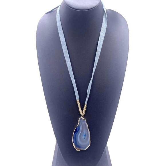 Sera Fina Suede Teardrop Gemstone Pendant Necklace Gray and Gold Tone 27 Inches - Picture 1 of 7